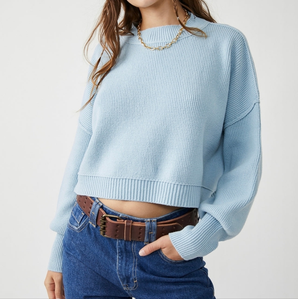 Free People Sky Blue Crew Neck Sweater